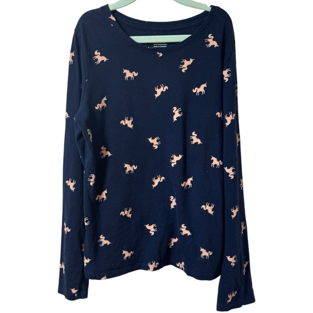 George Girls Long Sleeve Tee Unicorn 10 12 Large Navy Blue Pink Cotton